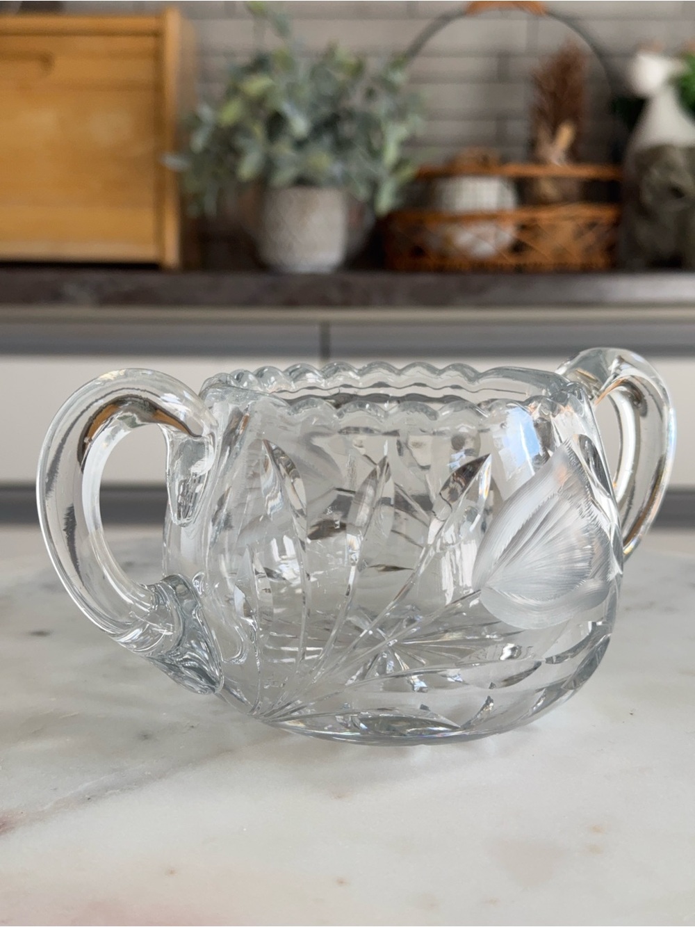 Vintage Cut Crystal Sugar Bowl Double Handle Floral Etched Glass